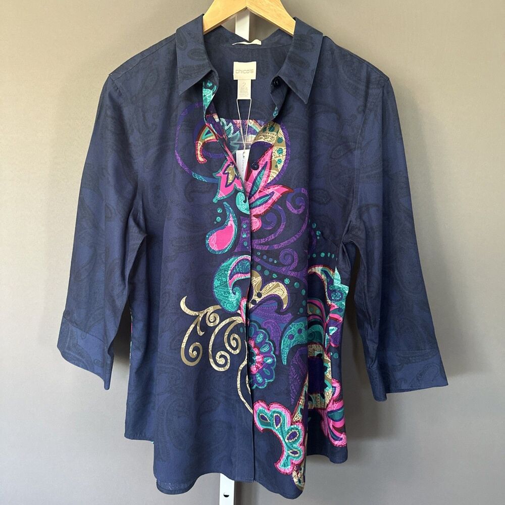 Chicos 2 Top Women's Size M Navy 100% Cotton Floral Print Button Up Blouse NEW